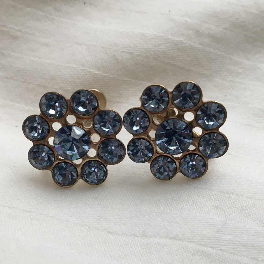 Vintage Blue Round Rhinestone Screw Back Earrings
